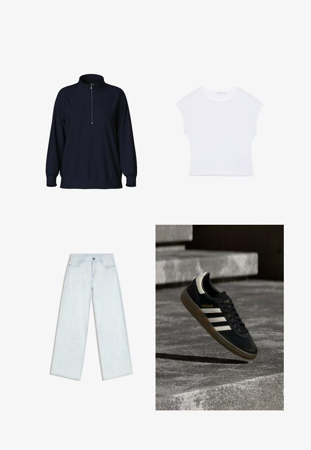 Marinepullover mit hohem Kragen, halbem Reißverschluss vorne und Raglanärmeln. Weicher Stoff mit lockerer Passform und gerippten Bündchen.; Weißes kurzärmeliges, bauchfreies T-Shirt mit rundem Ausschnitt aus glattem Stoff, flach auf einem weißen Hintergrund liegend.; Hellblaue Jeans mit weitem Bein, vorne mit Knopf und Reißverschluss, Gürtelschlaufen und Fünf-Taschen-Stil, flach auf weißem Hintergrund ausgelegt.; Schwarzer Adidas-Sneaker mit weißen Streifen und Gummisohle schwebt über grauen Betonstufen im natürlichen Licht.
