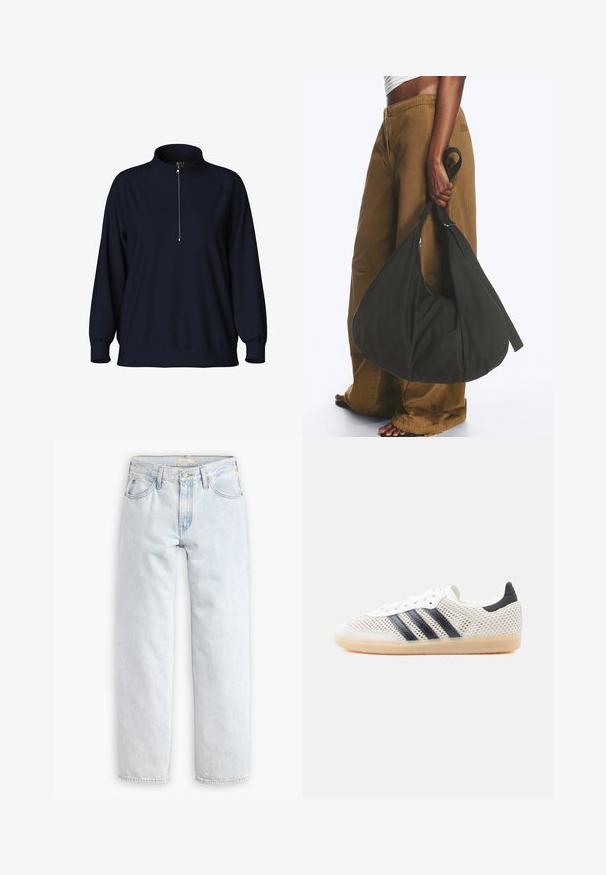Marineblå pullover sweatshirt med høj krave, halv lynlås foran og raglanærmer. Blødt stof med en afslappet pasform og ribbede manchetter.; Lyseblå, lige ben denim jeans med høj talje, der har fem lommer, en frontknaplukning og synlige syninger.; Hvide mesh-sneakers med sort tre-stribet design, rundet tå og gummisål. Har blød hælkant og snørelukning.; Person iført brune vidde bukser og hvid top holder en stor sort blød håndtaske i remmen ved siden.