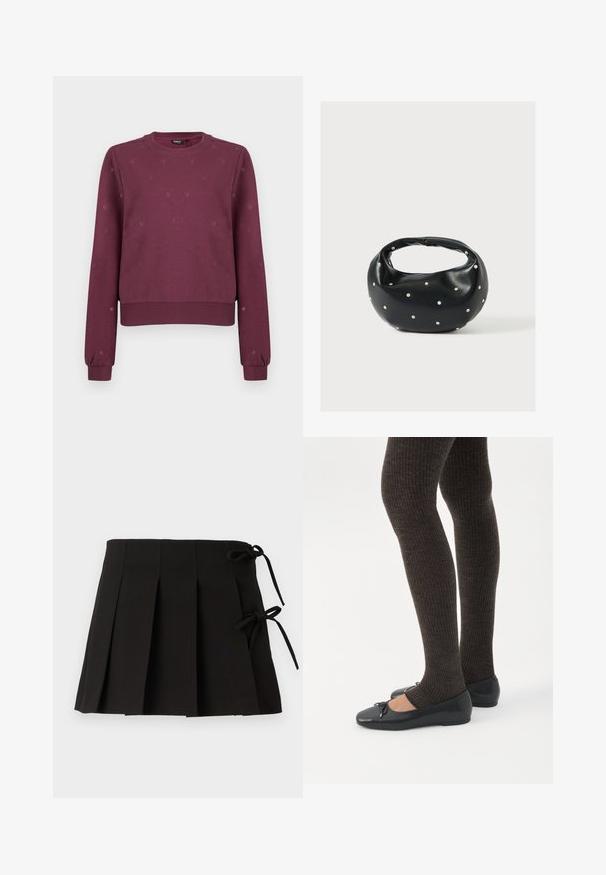Sweatshirt rouge bordeaux à col ras du cou avec de petits motifs de cœurs subtils, poignets et ourlet côtelés, présenté sur un fond uni.; Jupe plissée noire avec des liens sur les côtés, fabriquée dans un tissu à la texture lisse ; elle présente un design structuré et des lignes épurées.; Jambes portant des leggings côtelés foncés associés à des ballerines noires avec de petits détails en nœud sur fond blanc.; Sac à main en cuir noir de forme arrondie, décoré de clous argentés et équipé d'une poignée courte. Texture lisse et fermeture éclair.