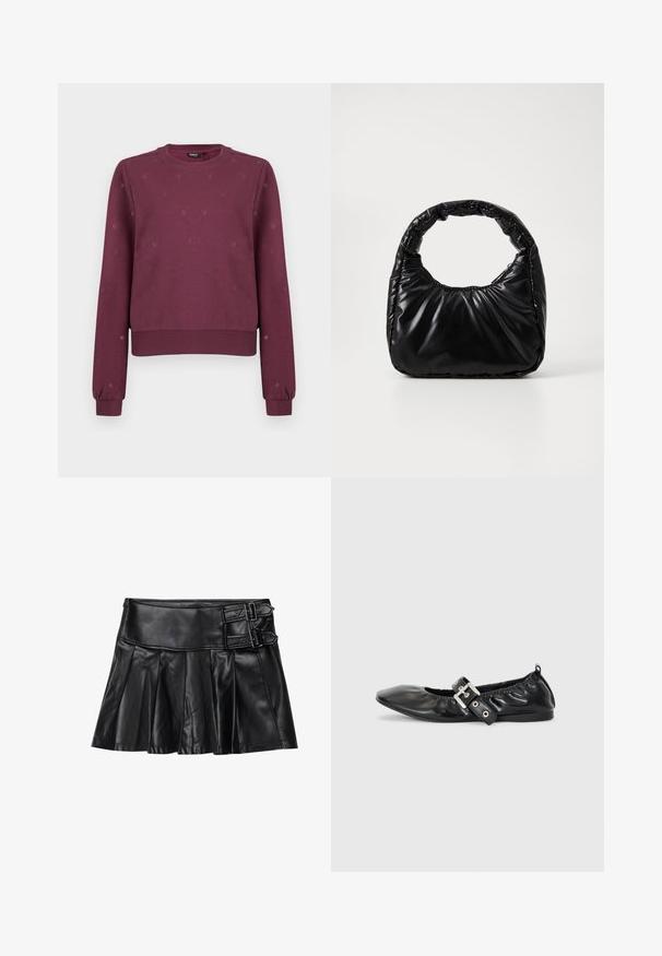 Sweatshirt rouge bordeaux à col ras du cou avec de petits motifs de cœurs subtils, poignets et ourlet côtelés, présenté sur un fond uni.; Jupe en cuir noir avec des plis, taille large et deux accents à boucle sur le côté. Texture lisse avec une finition brillante.; Chaussure plate en cuir noir avec un nez pointu, des détails froncés autour de l'ouverture et un accent en boucle argentée sur la bride ajustable.; Sac à main noir rembourré avec une poignée arrondie, présentant une surface lisse et brillante ainsi qu'une texture douce et matelassée. Pas de quincaillerie ou d'accents visibles.