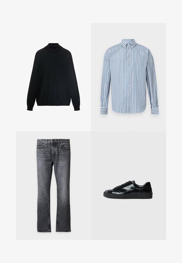 Suéter negro de cuello alto con un collar ajustado, mangas largas y puños y dobladillo de canalé. Fabricado con una tela suave y elástica de textura lisa.; Camisa de manga larga con botones, con rayas verticales en azul, blanco y rojo y un bolsillo en el pecho, presentada sobre un fondo blanco liso.; Pantalones vaqueros negros descoloridos de corte recto con cierre de botón y cremallera, trabillas para cinturón y bolsillos delanteros sobre fondo blanco.; Zapatillas de charol negro con punta redonda, diseño con cordones, suela de goma texturizada y acabado suave.