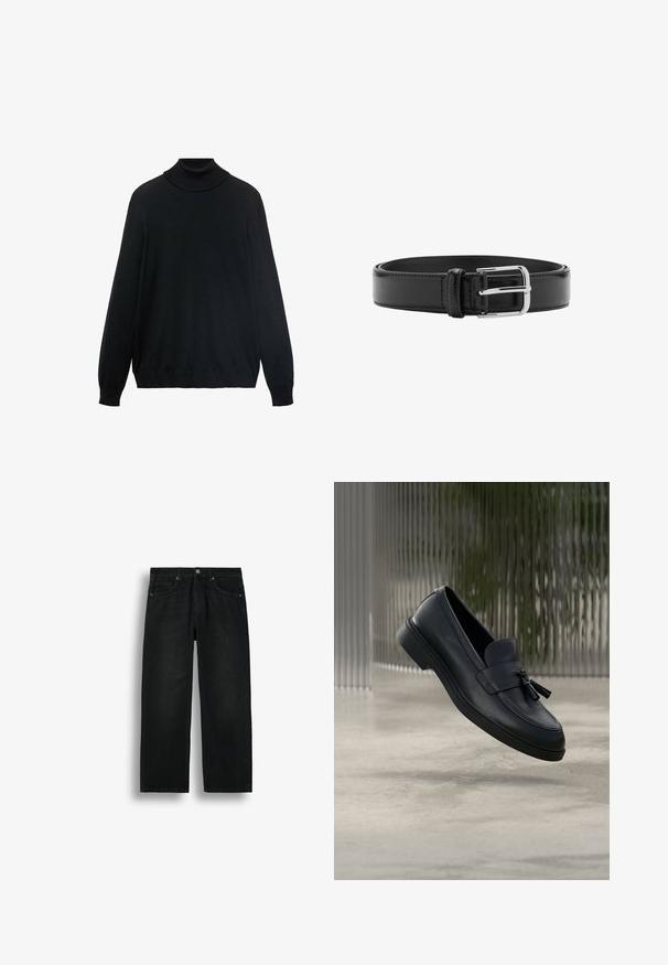 Sort turtleneck sweater med en tætsiddende krave, lange ærmer og ribbede manchetter og kant. Lavet af blødt, strækbart stof med en glat tekstur.; Sorte straight-leg denimjeans med fem lommer, knaplukning og bæltestropper, vist mod en ensfarvet hvid baggrund.; Sorte læderloafers med en glat tekstur, en rundet tå og dekorative kvaster foran. Fleksibel gummisål med lav hæl.; Sort læderbælte med synlige syninger og en skinnende sølvspænde lagt fladt i en sammenrullet position på en hvid baggrund.