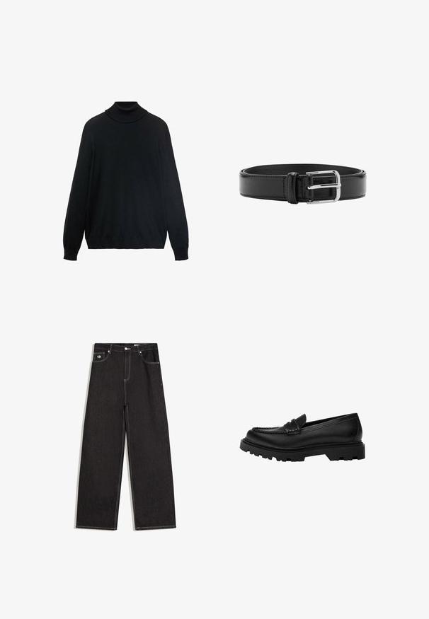 Sort turtleneck sweater med en tætsiddende krave, lange ærmer og ribbede manchetter og kant. Lavet af blødt, strækbart stof med en glat tekstur.; Sorte viddebukser i jeansstof med kontrastfuld hvid syning, knaplukning, bæltestropper og design med fem lommer inklusive en lille logopatch på forlommen.; Sorte læder loafers med en robust, struktureret sål. Har en dekorativ syet kant og en lav hæl for et moderne design.; Sort læderbælte med synlige syninger og en skinnende sølvspænde lagt fladt i en sammenrullet position på en hvid baggrund.