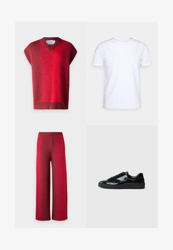 Suéter rojo de manga corta con escote en V. Textura suave que presenta un degradado de rojo oscuro a rojo claro. Diseño minimalista, sin herrajes visibles.; Camiseta blanca de manga corta en tejido de algodón con cuello redondo. Diseño simple sin patrones ni acentos. Textura suave.; Pantalones anchos rojos de tejido texturizado con una cintura alta. Presentan bolsillos laterales y un acabado suave, mostrando un efecto de degradado.; Zapatillas de charol negro con punta redonda, diseño con cordones, suela de goma texturizada y acabado suave.