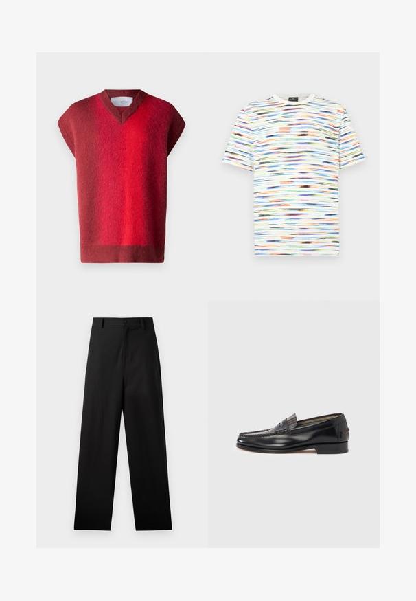 Rode, kortpols trui met een V-hals. Zachte textuur met een verloop van donker naar lichtrood. Minimalistisch ontwerp, geen zichtbare bevestigingsmiddelen.; Meerjarige T-shirt met horizontale penseelstreekpatronen in tinten blauw, oranje, groen en zwart op een witte achtergrond. Korte mouwen.; Zwarte broek van katoen met een rechte pijpdesign, voorzien van een sluiting met een knoop aan de voorkant en zijzakken. Gladde textuur, geen patronen.; Zwarte leren loafers met een mocassin-stijl ontwerp, voorzien van een decoratieve band en stiksel detail op het bovenwerk. Lage blokhak.