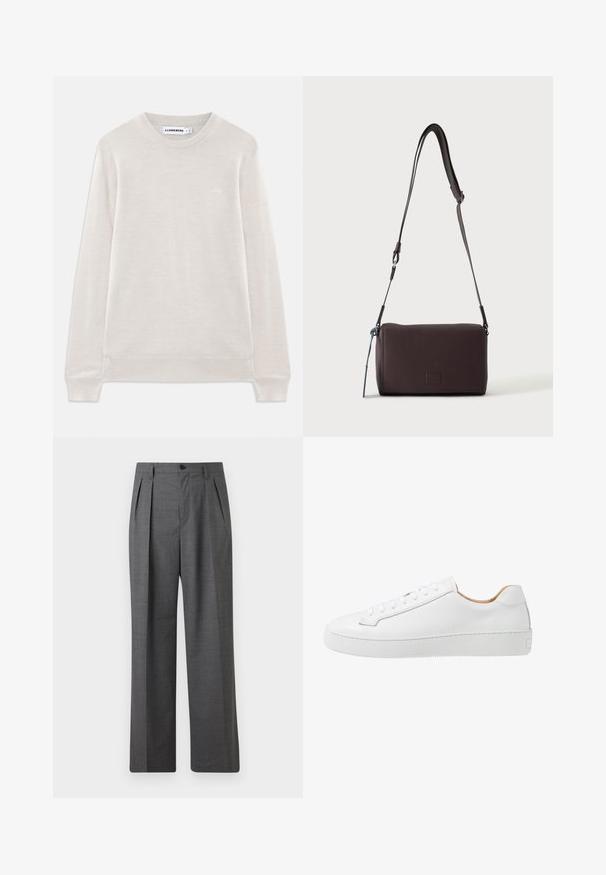 Lys beige langærmet crewneck sweater med ribbede manchetter og kant, subtilt logo på venstre bryst og J.Lindeberg-label indeni kraven.; Grå plisserede formelle bukser med knappet linning og sidelommer, vist mod en ensfarvet baggrund.; Hvide lædersneakers med en glat overflade, afrundet tå, flad snørebåndsdesign og en tyk gummisål med et struktureret grebmønster.; Mørkebrun textured læder crossbody taske med justerbar rem og lille dekorativ blå accent på siden.
