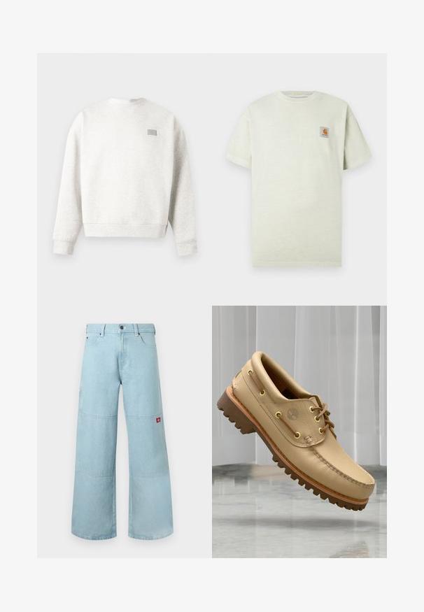 Sweat-shirt à col ras du cou gris clair avec manches longues et un petit patch rectangulaire sur la partie supérieure gauche de la poitrine.; T-shirt en coton vert clair avec des manches courtes, un col rond et un petit patch carré avec un logo sur la poitrine gauche. Texture douce.; Jean large bleu clair en denim avec des patches contrastants. Il présente une fermeture à boutons à l'avant et un petit patch logo sur la poche latérale.; Chaussure bateau en cuir marron clair avec semelle épaisse et striée et détails de lacets, flottant au-dessus d'un sol en marbre et d'un fond de stores verticaux blancs.