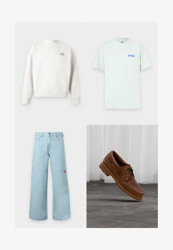 Sweat-shirt à col ras du cou gris clair avec manches longues et un petit patch rectangulaire sur la partie supérieure gauche de la poitrine.; T-shirt gris à manches courtes en matériau mélangé coton, avec texte bleu "DICKIES" sur la poitrine gauche. Design classique à col rond.; Jean large bleu clair en denim avec des patches contrastants. Il présente une fermeture à boutons à l'avant et un petit patch logo sur la poche latérale.; Chaussure de bateau en cuir marron avec des lacets noirs, des coutures beiges et une semelle robuste, suspendue au-dessus d'un sol en béton gris.