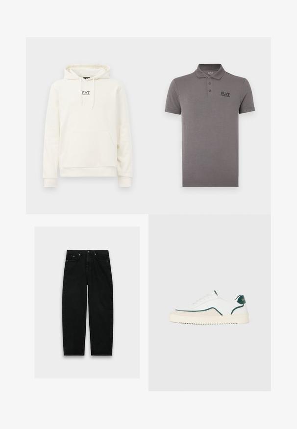 Sudadera color crema con bolsillo frontal, capucha con cordón y pequeño logo negro "EA7 Emporio Armani" en el centro del pecho.; Polo gris hecho de tela suave, con un cuello clásico, tres botones y un logo negro en el pecho izquierdo. Mangas cortas.; Vaqueros negros de talle alto y pierna recta con cinco bolsillos, cierre de botón y trabillas para cinturón sobre fondo blanco.; Zapatilla baja blanca con detalles en verde, gamuza beige y suela de color crema con un fondo estriado.
