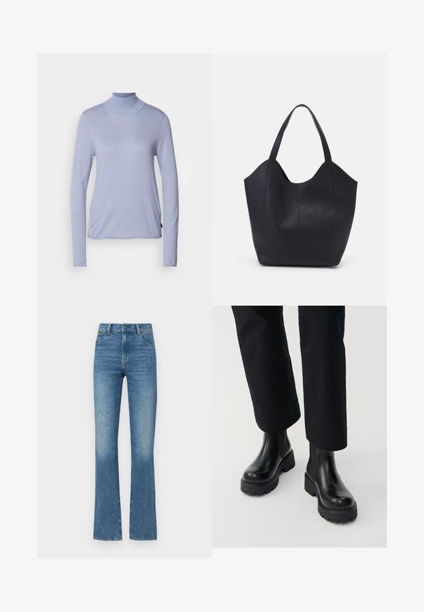 Hele sinine pika varrukaga kõrge kaelusega topp, mis on valmistatud pehmest kangast, omades vormihoidvat disaini ja siledat tekstuuri. Minimalistlik stiil ilma mustriteta.; Laiendatud sinised denim teksad, millel on veidi pleekinud tekstuur, viis taskut ja nupuga sulgur talje juures. Kulutatud detailid alumistes servades.; Isik, kes kannab musta paksu tallaga nahast pahkluu-saapaid, mida on kombineeritud mustade sirgete pükstega valgel taustal.; Must must kinnas must rinna, millel on kaarjas avatud ülemine osa, kaks õlarihma ja minimalistlik disain.