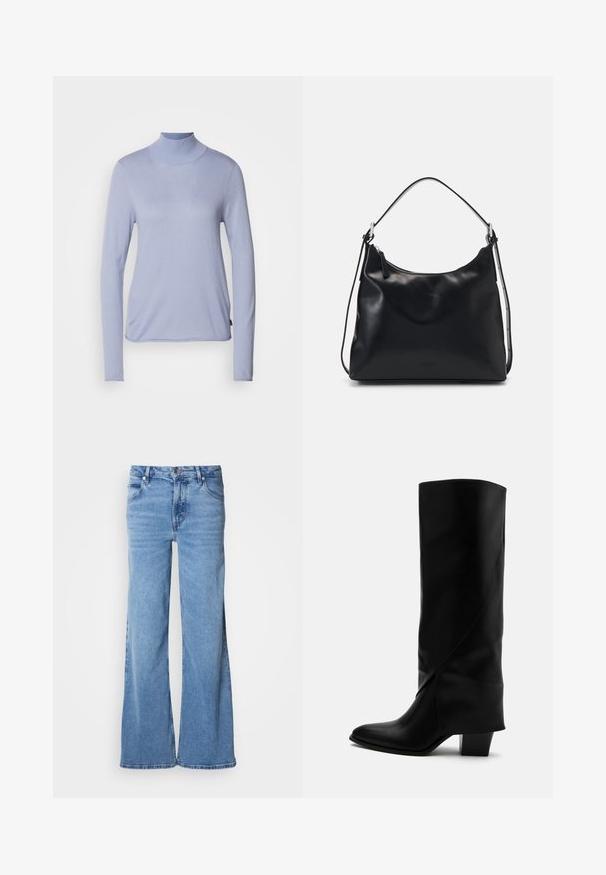Lyseblå langærmet turtleneck-top fremstillet af blødt stof, med en tætsiddende pasform og en glat tekstur. Minimalistisk stil uden mønstre.; Lyseblå jeans med vid ben lavet af denim. Har et klassisk fem-lomme-design og synlig knaplukning. Blød tekstur og enkel finish.; Høj sort læderstøvle med skråt syning, spids tå og kraftig mellemhøj hæl på hvid baggrund.; Ung kvinde med langt sort hår sidder på en træklods iført en cremet outfit og holder en sort læder skuldertaske over brystet.