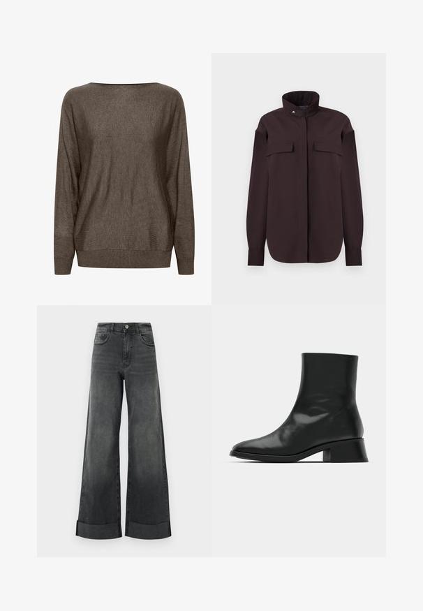 Pull en tricot brun avec un large décolleté, des manches longues et des bords côtes au niveau des poignets et de l'ourlet. Texture douce avec un motif minimal.; Chemise brun foncé avec col haut, manches longues, double poches poitrine et fermeture à boutons. Fabrication en tissu lisse, coupe ajustée.; Jeans larges noirs taille haute avec ourlets retroussés, bouton frontal et poches, présentés sur un fond clair uni.; Bottine noire en cuir brillant, au design épuré, avec un bout pointu et un petit talon bloc pour plus de stabilité.