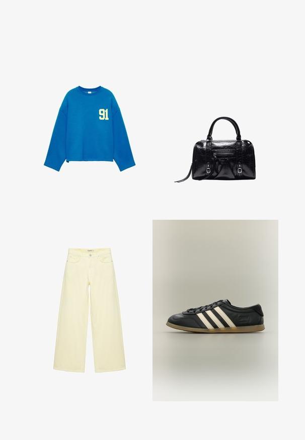 Blå langærmet sweatshirt med rund hals og gult nummer 91 trykt på venstre bryst.; Bukser med vide ben i cremefarve med forlommer, bæltestropper og knaplukning ved taljen.; Sort Adidas Gazelle sneaker med hvide striber, sorte snørebånd og en lysebrun sål, vist i sideprofil på neutral baggrund.; Sort skinnende læderhåndtaske med to håndtag, lomme med lynlås foran, spænde detaljer og et håndledsrem på hvid baggrund.