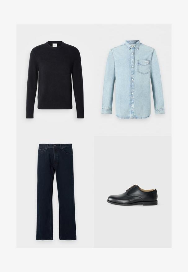 Pull à col rond bleu marine fabriqué en tissu tricoté doux. Il présente des manches longues ainsi que des poignets et un ourlet côtelés pour une coupe ajustée.; Chemise en denim bleu clair à manches longues, fermeture boutonnée devant, une poche poitrine simple avec le logo Calvin Klein, et un col pointu.; Jean droit bleu foncé avec fermeture à bouton et zip à l'avant, poches avant, et passants pour ceinture.; Calvin Klein ESS DERBY - Derbies - triple black