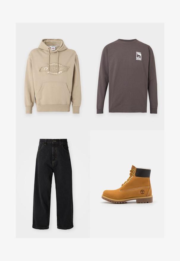 Beige hættetrøje med kængurulomme, snor i hætten og broderet "Dickies"-logo på forsiden. Blødt bomuldsstof, ribbede manchetter.; Mørkegrå langærmet rundhalset skjorte med hvid "OBEY RECORDS"-logo og stiliseret ansigtsgrafik på venstre bryst.; Sorte denim jeans med vide ben og høj talje, frontknap, lynlås samt gule syninger på lommer og sømme.; Brune læder ankelstøvle med metaløjer, hvid pelsforing, sort polstret krave, robust sål og præget logo på siden.