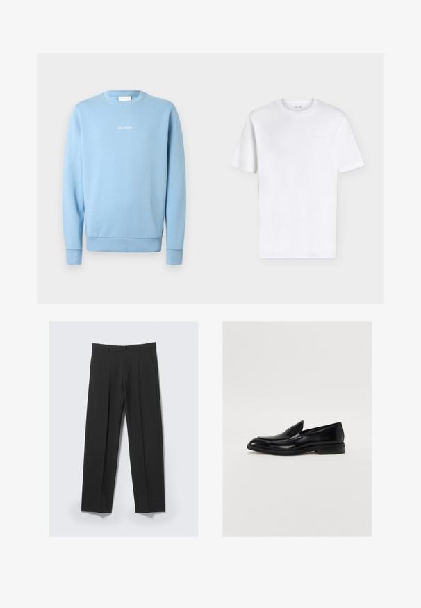 Sweat-shirt bleu clair en tissu doux, avec un col rond, des poignets côtelés et le texte "LES DEUX" en blanc sur la poitrine.; T-shirt blanc uni à manches courtes et col rond avec un logo embossé subtil sur la partie supérieure gauche de la poitrine, présenté sur fond blanc.; Pantalon noir ajusté avec plis avant, poches latérales, passants de ceinture et fermeture par bouton à la taille sur un fond clair.; Mocassin en cuir noir avec une pointe arrondie, des coutures discrètes et une finition lisse. Doté d'un talon bas empilé et d'une sangle sur le cou-de-pied.
