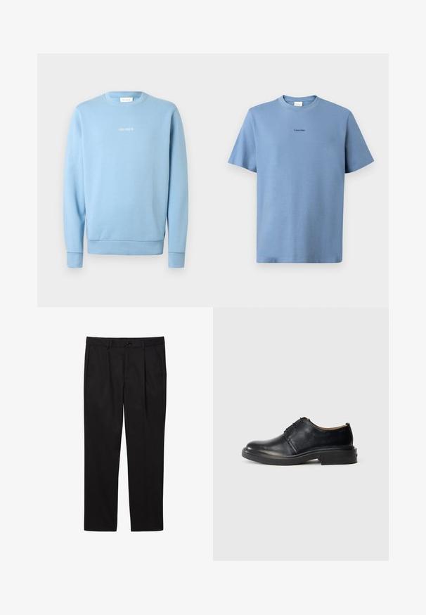 Sweat-shirt bleu clair en tissu doux, avec un col rond, des poignets côtelés et le texte "LES DEUX" en blanc sur la poitrine.; T-shirt en coton bleu clair avec des manches courtes, col rond et un logo "Calvin Klein" subtil en noir sur la poitrine. Texture lisse.; Pantalons formels noirs pour hommes avec poches avant, passants pour ceinture, fermeture par bouton et coupe droite.; Chaussure oxford en cuir noir avec un bout rond, un laçage à l'avant et un petit talon empilé, sur fond clair.