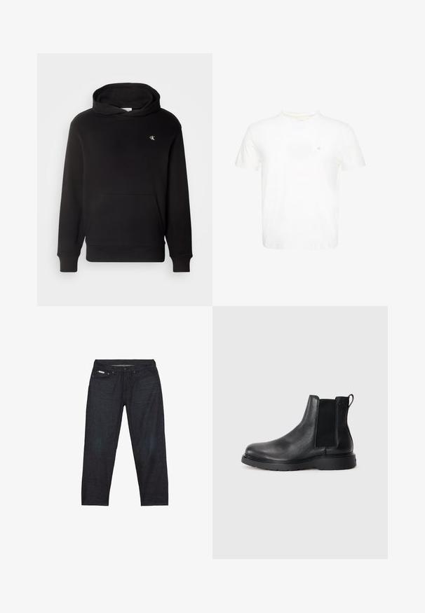 Sudadera negra con un bolsillo canguro, puños y dobladillo acanalados. Presenta un pequeño logo bordado en el pecho. Textura de tela suave.; Camiseta blanca de manga corta con cuello redondo y pequeño logo "ck" bordado en el pecho izquierdo.; Pantalones vaqueros de mezclilla azul oscuro con corte recto, que cuentan con cinco bolsillos y detalles de costuras mínimas para un aspecto limpio.; Botas Chelsea de cuero negro con acabado texturizado, paneles laterales elásticos y una suela de goma resistente. Marca sutil en el talón.