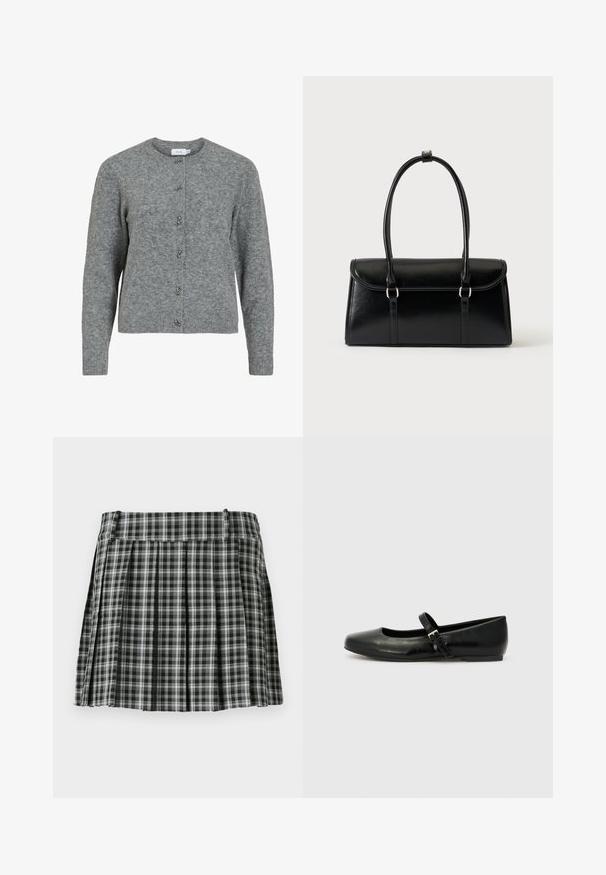 Grå uld cardigan med rund hals, lange ærmer og seks dekorative sølvfarvede knapper foran. Blød tekstur, minimalistisk design.; Sort-hvidt ternet plisseret nederdel med en glat talje og flere lodrette folder. Fremstillet af let stof.; Sorte læder balletflade med rund tå, flad sål og en tynd justerbar rem over svangen med en metalspænde.; Sort rektangulær læderhåndtaske med klaplukning og to lange håndtag mod en ensfarvet hvid baggrund.