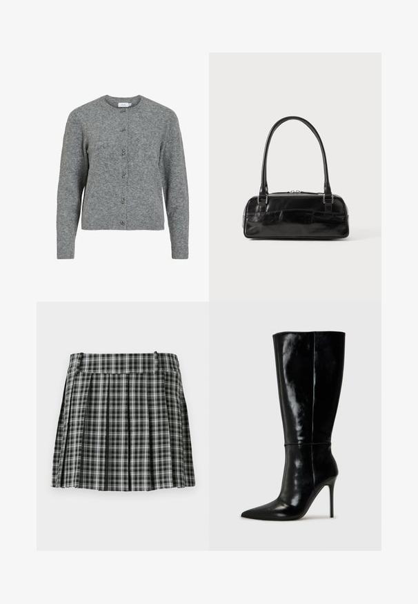 Grå uld cardigan med rund hals, lange ærmer og seks dekorative sølvfarvede knapper foran. Blød tekstur, minimalistisk design.; Sort-hvidt ternet plisseret nederdel med en glat talje og flere lodrette folder. Fremstillet af let stof.; Sorte læderknælange støvler med spids tå og høj stilettohæl. Glat tekstur og slank design, med minimalt detaljer.; Sort læderhåndtaske med rektangulær form, der har et enkelt struktureret håndtag, sølvhardware og lynlås-lukning. Glat tekstur.