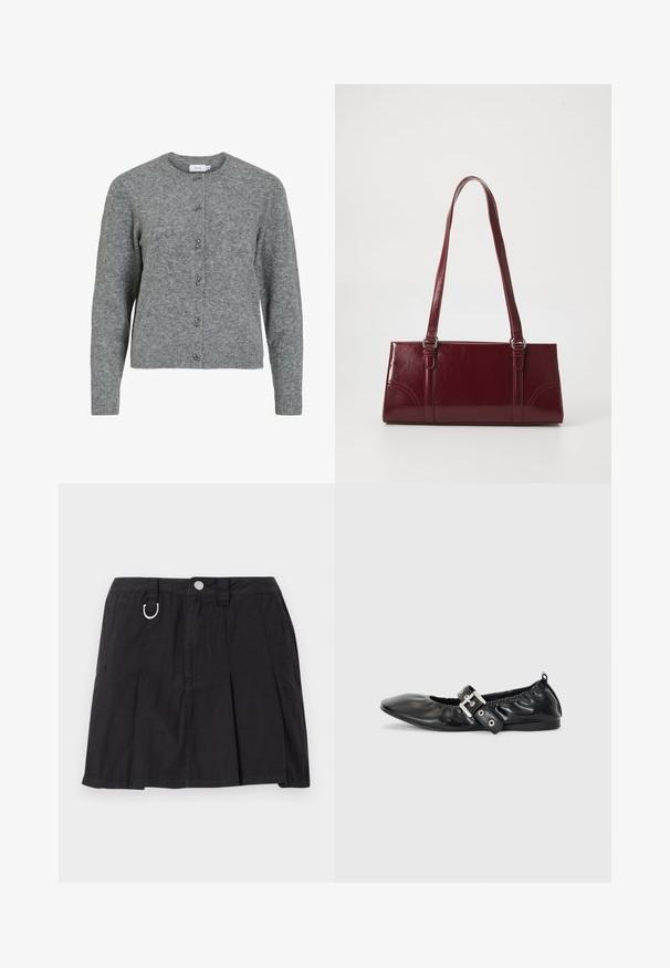 Grå uld cardigan med rund hals, lange ærmer og seks dekorative sølvfarvede knapper foran. Blød tekstur, minimalistisk design.; Sort plisseret nederdel lavet af bomuld, med frontknaplukning, bæltestropper og en D-ring detalje i taljen.; Sorte læder flade sko med spids tå, samling detaljer omkring åbningen, og en sølv spænde accent på den justerbare rem.; Bordeaux håndtaske lavet af glansfuldt materiale, rektangulær form, med to skulderremme og subtile buede detaljer på forsiden.