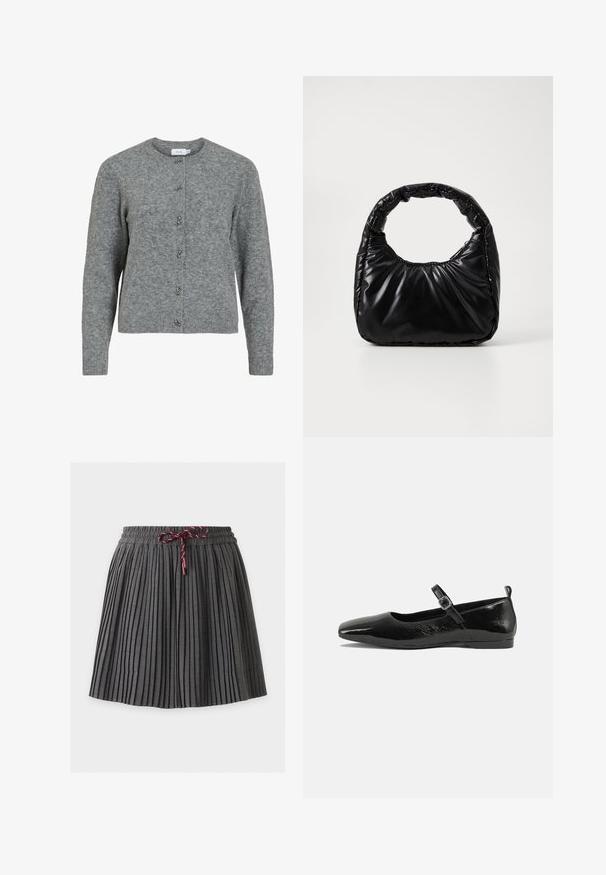 Grå uld cardigan med rund hals, lange ærmer og seks dekorative sølvfarvede knapper foran. Blød tekstur, minimalistisk design.; Mørkegrå plisseret nederdel med elastik i taljen og en bundet vinrød snor foran i midten.; Sorte patentlæder flade sko med spidse tæer, en ankelrem med spænde og en glat, blank tekstur. Lav hæl for komfort.; Sort polstret håndtaske med et rundt håndtag, der har en glat, skinnende overflade og en blød, kviltet tekstur. Ingen synlige hardware eller accenter.