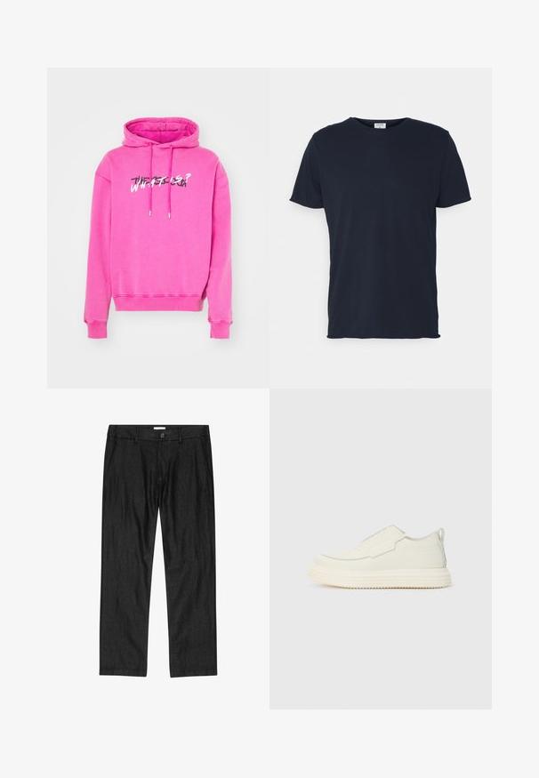 Sweat à capuche rose avec cordon de serrage, poignets côtelés et impression graphique sur le devant qui affiche "QUE SE PASSE-T-IL ?" en couleurs contrastées.; T-shirt en coton bleu marine avec un col rond et des manches courtes, présentant une texture lisse et un design simple, sans motifs ni accents visibles.; Pantalon droit pour homme noir avec bouton à l'avant, braguette à glissière et poches latérales, présenté à plat sur fond blanc.; Sneaker sans lacets en matériau texturé blanc cassé avec une semelle épaisse et rainurée. Présente des coutures minimales et un accent bleu clair subtil.