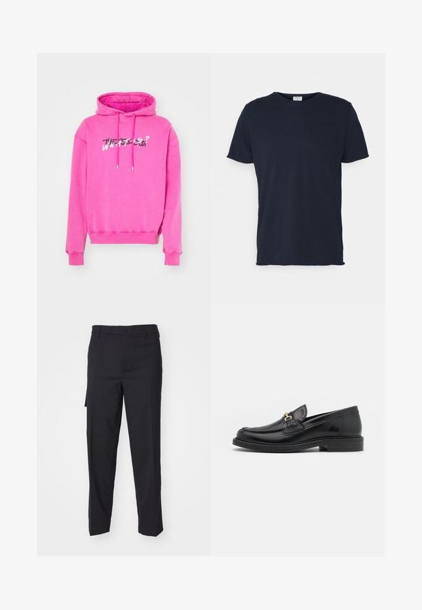 Sweat à capuche rose avec cordon de serrage, poignets côtelés et impression graphique sur le devant qui affiche "QUE SE PASSE-T-IL ?" en couleurs contrastées.; T-shirt en coton bleu marine avec un col rond et des manches courtes, présentant une texture lisse et un design simple, sans motifs ni accents visibles.; Pantalon noir fabriqué en un tissu tissé lisse. Il présente une coupe droite, une coupe slim, des passants de ceinture et une poche latérale.; Mocassins en cuir noir avec un embout rond, présentant des accents en métal doré et des détails de couture, montés sur une semelle en caoutchouc texturé et basse.