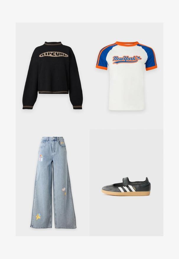 Pull en maille noire avec manches longues, logo beige « RIP CURL » sur la poitrine, et détails rayés beiges sur le col, les poignets et l'ourlet.; T-shirt blanc à manches courtes avec manches raglan bleues et accents orange, arborant un motif "NewYork" en lettres stylisées sur le devant.; Jean large bleu clair avec patchs Care Bears, incluant des étoiles, des ballons en forme de cœur et des personnages tenant un parapluie.; Sneaker en cuir noir et suède avec une sangle Velcro, arborant trois bandes blanches et une semelle en caoutchouc, étiqueté "SAMBA" sur le côté.
