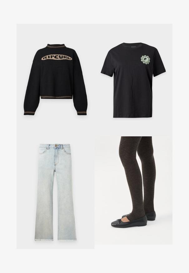 Pull en maille noire avec manches longues, logo beige « RIP CURL » sur la poitrine, et détails rayés beiges sur le col, les poignets et l'ourlet.; T-shirt noir à manches courtes avec un petit symbole yin-yang vert clair entouré d’un motif tourbillonnant sur le haut gauche de la poitrine.; Jean droit taille haute bleu clair avec poches avant, fermeture à boutons et ourlets effilochés sur fond blanc.; Jambes portant des leggings côtelés foncés associés à des ballerines noires avec de petits détails en nœud sur fond blanc.