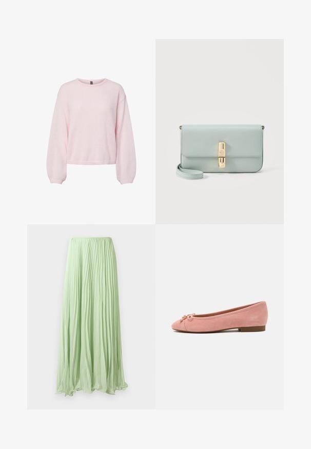 Pull tricoté rose clair avec manches ballon longues, poignets côtelés, encolure ronde et ourlet légèrement raccourci.; Jupe longue plissée vert clair avec un tissu fluide et une taille élastique, présentée sur un fond blanc.; Ballerine plate en daim rose doux avec petit nœud et accent doré sur l'avant arrondi, talon bas et semelle lisse.; Pochette en cuir bleu clair avec fermoir rectangulaire doré et sangle de poignet amovible sur fond blanc.