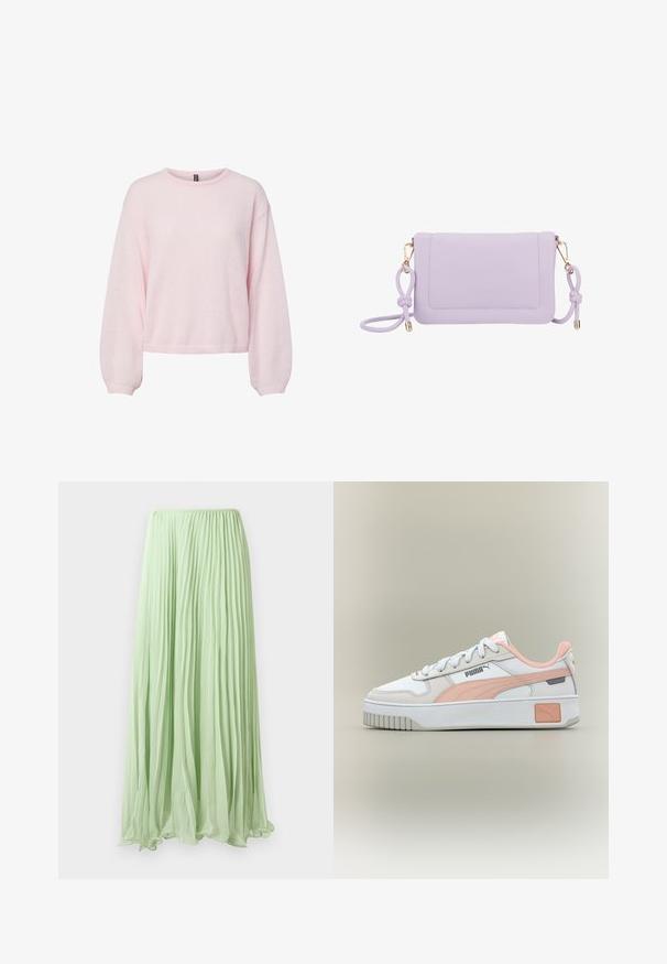 Suéter de punto rosa claro con mangas largas abullonadas, puños acanalados, cuello redondo y dobladillo ligeramente corto.; Falda larga plisada verde claro con tela fluida y cinturilla elástica, exhibida contra un fondo blanco.; Zapatilla blanca y rosa claro de Puma con cordones blancos, suela gruesa y logo de Puma en el lateral y el talón.; Bolso de hombro cruzado de piel sintética morada con herrajes dorados, bolsillo frontal y detalle de tira anudada. Texture suave y forma rectangular.