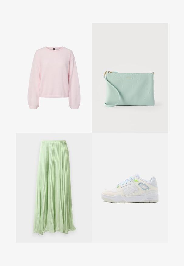 Suéter de punto rosa claro con mangas largas abullonadas, puños acanalados, cuello redondo y dobladillo ligeramente corto.; Falda larga plisada verde claro con tela fluida y cinturilla elástica, exhibida contra un fondo blanco.; Zapatilla blanca con acentos en azul claro y verde neón. Hecha de cuero suave y malla, presenta un cuello acolchado y una suela texturizada.; Cartera de mano con pulsera de cuero texturizado azul claro, con cremallera dorada y pequeño detalle del nombre de la marca en dorado «Coccinelle» en la parte frontal.