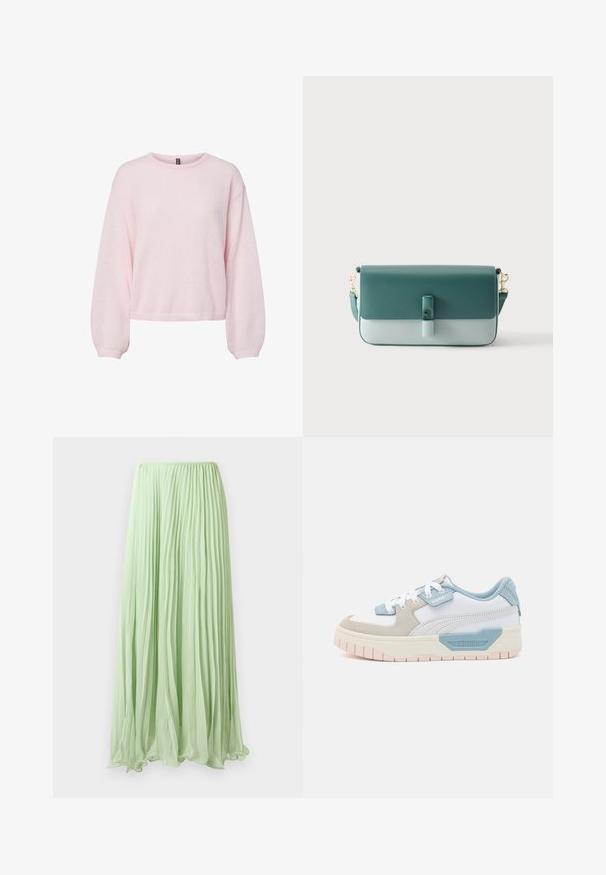 Lichtroze gebreide trui met lange ballonmouwen, geribbelde manchetten, ronde halslijn en licht cropped zoom.; Lichtgroene geplooide lange rok van lichte stof met elastische tailleband, weergegeven tegen een witte achtergrond.; Sneakers met een witte leren bovenkant, lichtblauwe accenten, beige suède panelen en een gestructureerde roze rubberen zool; geborduurd logo aan de zijkant.; Rechthoekige tweekleurige groene leren handtas met klepsluiting, voorste gesp en afneembare schouderriem met gouden sluitingen.