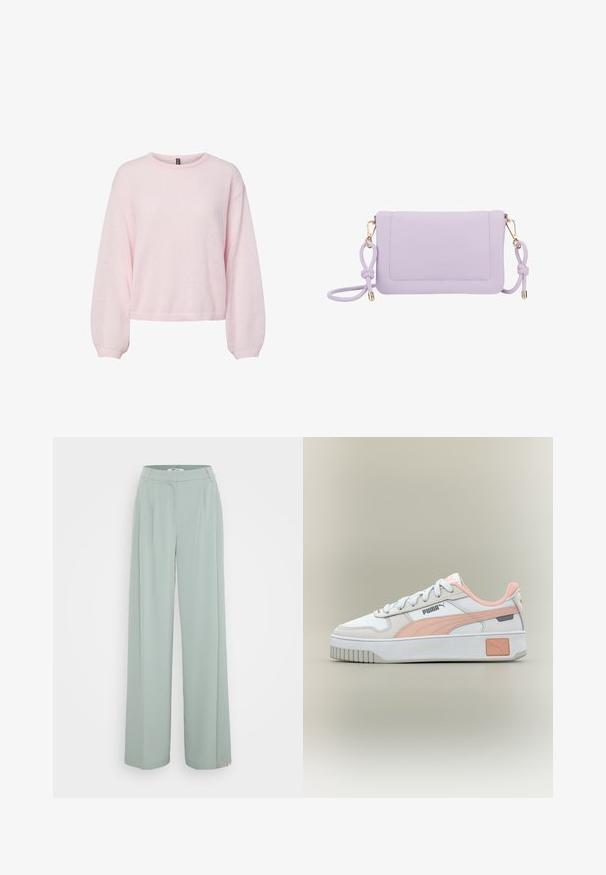 Suéter de punto rosa claro con mangas largas abullonadas, puños acanalados, cuello redondo y dobladillo ligeramente corto.; Pantalones de pierna ancha en verde claro con una textura suave, que cuentan con una cinturilla plana en la parte delantera y pliegues marcados a lo largo de las piernas.; Zapatilla blanca y rosa claro de Puma con cordones blancos, suela gruesa y logo de Puma en el lateral y el talón.; Bolso de hombro cruzado de piel sintética morada con herrajes dorados, bolsillo frontal y detalle de tira anudada. Texture suave y forma rectangular.