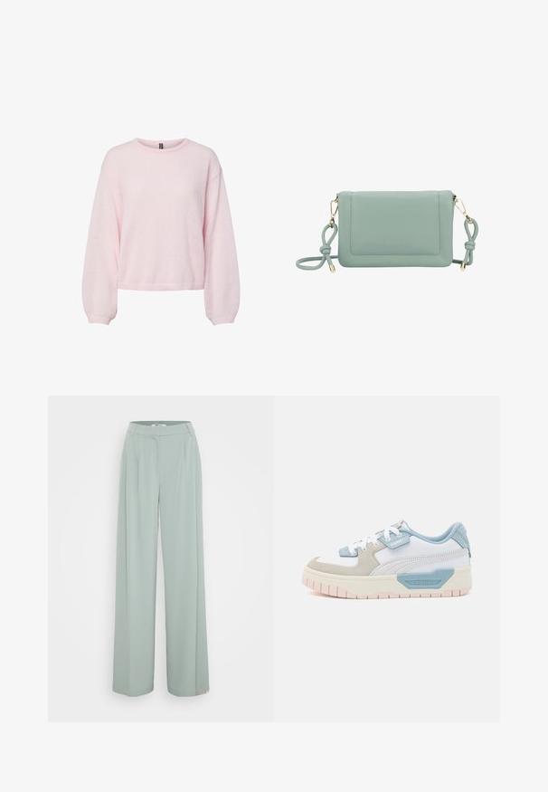 Suéter de punto rosa claro con mangas largas abullonadas, puños acanalados, cuello redondo y dobladillo ligeramente corto.; Pantalones de pierna ancha en verde claro con una textura suave, que cuentan con una cinturilla plana en la parte delantera y pliegues marcados a lo largo de las piernas.; Zapatillas con una parte superior de cuero blanco, acentos en azul claro, paneles de ante beige y una suela de goma texturizada en rosa; logo bordado en el costado.; Bolso de cuero verde menta tipo bandolera con textura suave, herrajes dorados y detalle de correa anudada, que presenta un logo sutil en la parte frontal.