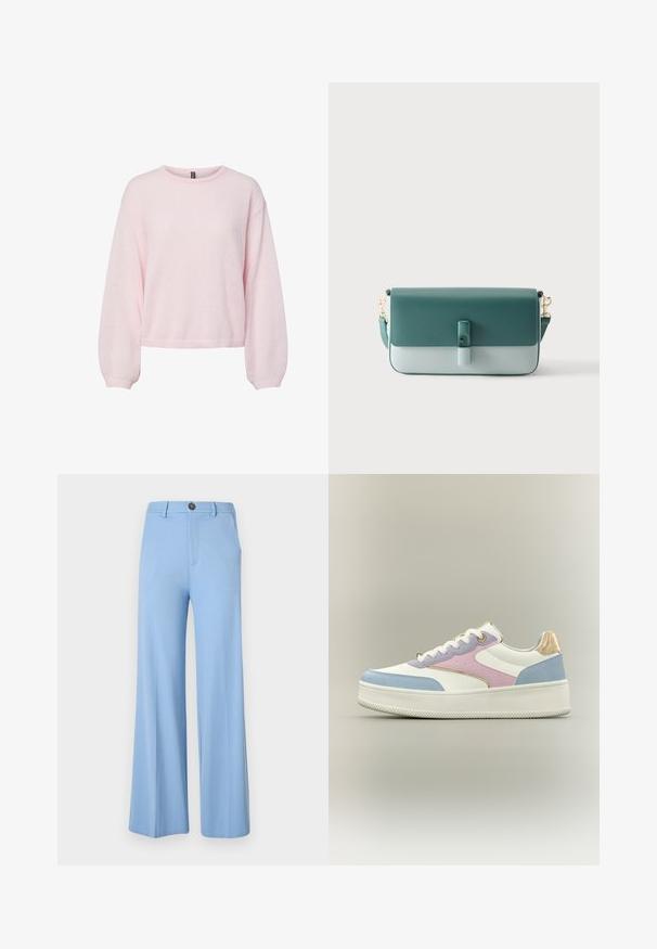 Suéter de punto rosa claro con mangas largas abullonadas, puños acanalados, cuello redondo y dobladillo ligeramente corto.; Pantalones de pierna ancha en azul claro, hechos de una tela suave, con cierre de botón y bolsillos frontales. Diseño limpio y ajustado sin patrones.; Zapatilla deportiva de plataforma blanca con paneles en azul pastel, rosa y lavanda, cordones blancos y detalle metálico dorado en el talón sobre fondo liso.; Bolso de mano rectangular bicolor verde de cuero con cierre de solapa, hebilla frontal y correa de hombro desmontable con cierres dorados.