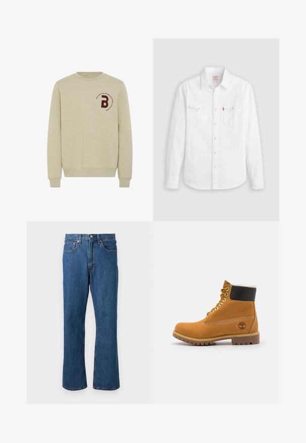 Beige sweatshirt med rund halsudskæring, lange ærmer og ribbede manchetter. Har et bordureret marsal- rødt bogstav 'B' og en cirkulær tekstdetalje.; Hvid langærmet skjorte med knapper, spids krave, to brystlommer med klapper og trykknapper foran og ved manchetterne.; Blå straight-leg denim jeans med frontknap og lynlås, fem lommer og orange syninger på en ensfarvet baggrund.; Brune læder ankelstøvle med metaløjer, hvid pelsforing, sort polstret krave, robust sål og præget logo på siden.