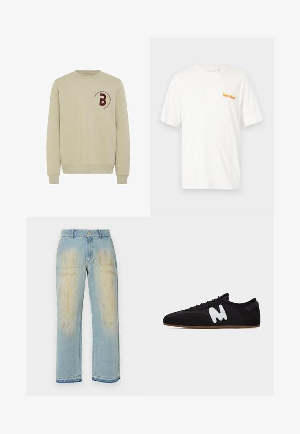 Beige sweatshirt med rund halsudskæring, lange ærmer og ribbede manchetter. Har et bordureret marsal- rødt bogstav 'B' og en cirkulær tekstdetalje.; Hvid bomulds t-shirt med korte ærmer og rund hals. Har orange og gul "Paradiso" tekst på øverste venstre side. Glat tekstur.; Lyseblå straight-leg jeans med falmede, slidte beige pletter på lårene, forlommer, bæltestropper og knaplukning.; Sort lav sneakers med tynd brun sål og hvidt styliseret "M"-logo på siden, set fra venstre.