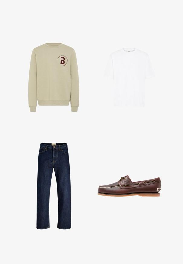 Beige sweatshirt med rund halsudskæring, lange ærmer og ribbede manchetter. Har et bordureret marsal- rødt bogstav 'B' og en cirkulær tekstdetalje.; Hvid kortærmet T-shirt lavet af bomuld. Har rund hals, afslappet pasform og ingen synlige mønstre eller accenter. Enkel og enkel design.; Mørkeblå straight-leg denimjeans med frontknap, lynlås og fem-lomme-design, vist fladt på en hvid baggrund.; Brun læder bådsko med hvide sømme, snøre detaljer og lysbrun gummisål, vist fra siden på hvid baggrund.