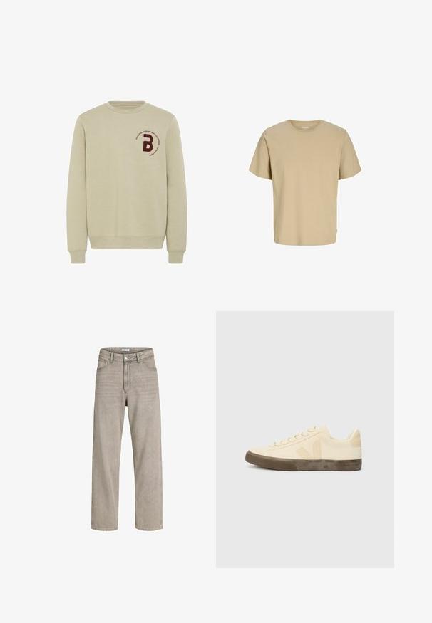 Beige sweatshirt med rund halsudskæring, lange ærmer og ribbede manchetter. Har et bordureret marsal- rødt bogstav 'B' og en cirkulær tekstdetalje.; Beige kortærmet T-shirt med rund hals og ensfarvet design, uden synlige mønstre eller logoer, vist på hvid baggrund.; Beige denim jeans med høj talje og lige ben med forlommer, bæltestropper og knaplukning, vist mod en hvid baggrund.; Beige lærredssko med rund tå, flade snørebånd og struktureret brun gummisål. Har et logo på siden og et minimalistisk design.