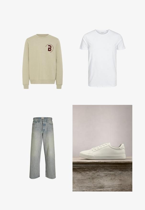 Beige sweatshirt med rund halsudskæring, lange ærmer og ribbede manchetter. Har et bordureret marsal- rødt bogstav 'B' og en cirkulær tekstdetalje.; Rundhals kortærmet t-shirt i ensfarvet hvid, lavet af blød bomuld, har et simpelt design uden synlige mønstre eller detaljer.; Lysblå denim bredbenede jeans med høj talje, fem-lomme design og tydelig falming for et vintage look.; Hvide snørresneakers svævende over en træbænk med grønne planter i baggrunden, der fremhæver skodesign og tekstur.