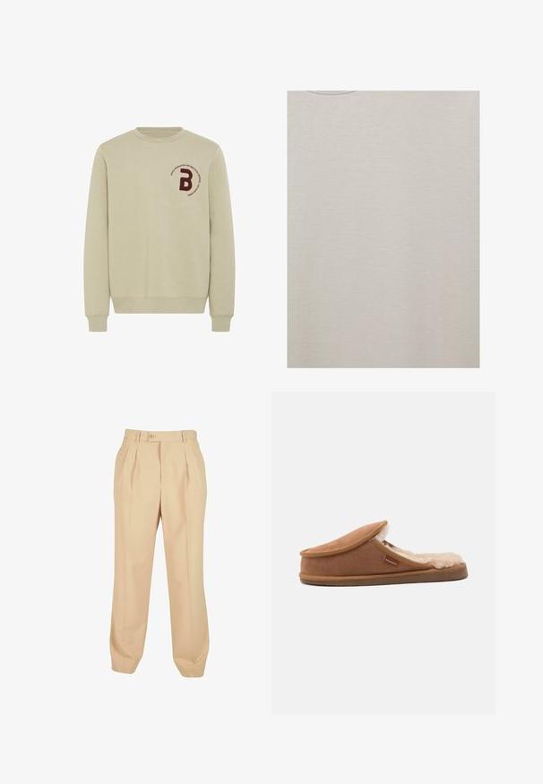 Beige sweatshirt med rund halsudskæring, lange ærmer og ribbede manchetter. Har et bordureret marsal- rødt bogstav 'B' og en cirkulær tekstdetalje.; Beige t-shirt med rund hals og glat, ensartet stoftekstur, set forfra.; Beige skræddersyede bukser med forkantede folder, knaplukning og tapered ankel, lavet af letvægtsmateriale. Glat tekstur og lige pasform.; Brun slip-on tøffel med blødt, fluffy cremefarvet indre for og en lille stofmærkat på siden med teksten "Sherpherd".