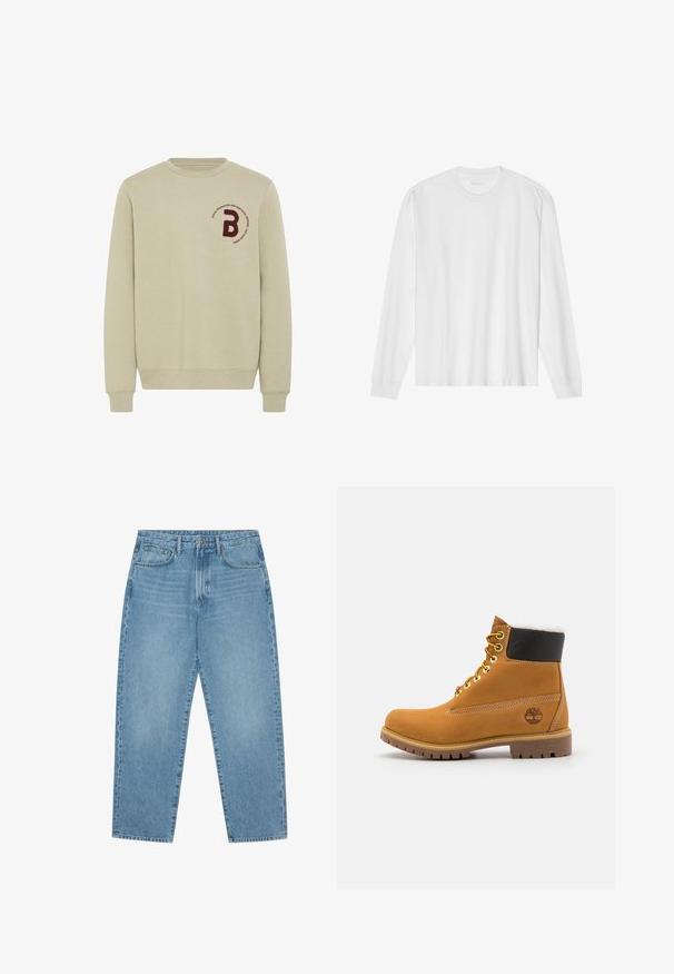 Beige sweatshirt med rund halsudskæring, lange ærmer og ribbede manchetter. Har et bordureret marsal- rødt bogstav 'B' og en cirkulær tekstdetalje.; Hvid, langærmet t-shirt i bomuld med rund hals, med ribbede ærmeafslutninger og en lige kant, glat tekstur og minimalistisk design.; Lyseblå denimjeans med lige ben, fem-lomme design og en let falmet struktur. Indeholder knap- og lynlåslukning.; Brune læder ankelstøvle med metaløjer, hvid pelsforing, sort polstret krave, robust sål og præget logo på siden.