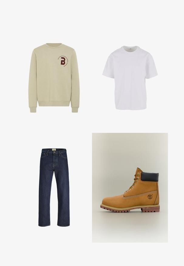 Beige sweatshirt med rund halsudskæring, lange ærmer og ribbede manchetter. Har et bordureret marsal- rødt bogstav 'B' og en cirkulær tekstdetalje.; Hvid T-shirt med korteærmer lavet af blødt bomuld, med rund halsudskæring og en afslappet pasform med lige kant. Ingen mønstre eller detaljer synlige.; Mørkeblå denim jeans har en lige pasform, standard denim syninger, fem lommer og en knaplukning i taljen.; Brun læderankelstøvle med sort krave, gule snørebånd og tanfarvet sål. Har logo og hvide syninger som detalje. Robust ydersål med greb.