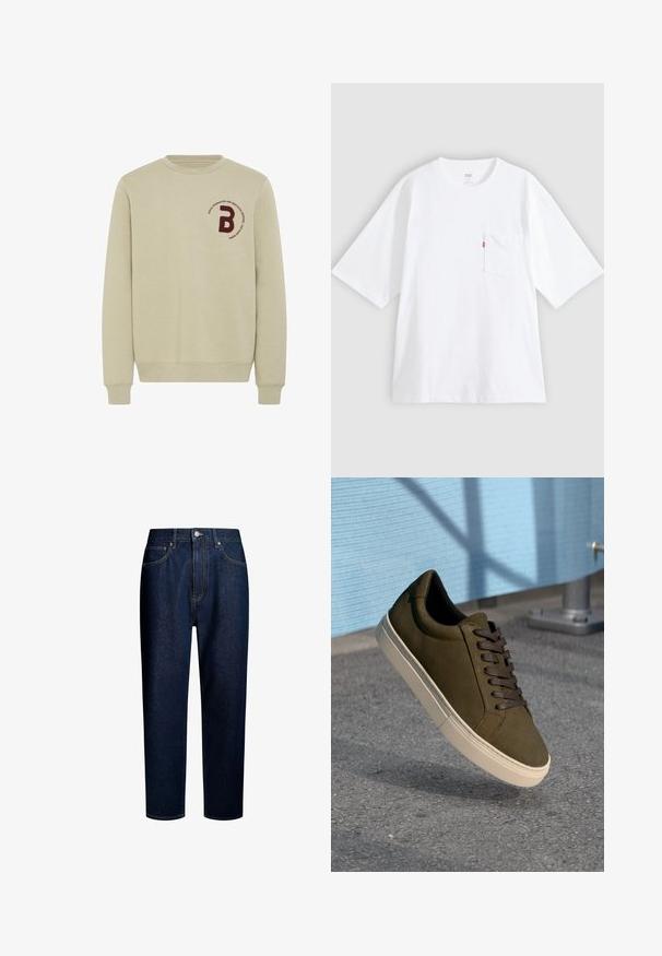Beige sweatshirt med rund halsudskæring, lange ærmer og ribbede manchetter. Har et bordureret marsal- rødt bogstav 'B' og en cirkulær tekstdetalje.; Hvid bomulds-T-shirt med korte ærmer, rund hals og lomme på venstre bryst. Har en lille rød logoetiket på lommen.; Mørkeblå denim jeans med lige pasform, standard lommer og kontrastsyninger langs sømmen. Knap- og lynlås lukning i taljen.; Mørk olivengrøn suedesneaker med brune snørebånd, cremet gummisål, rund tå og glat tekstur mod en grå asfaltbaggrund.