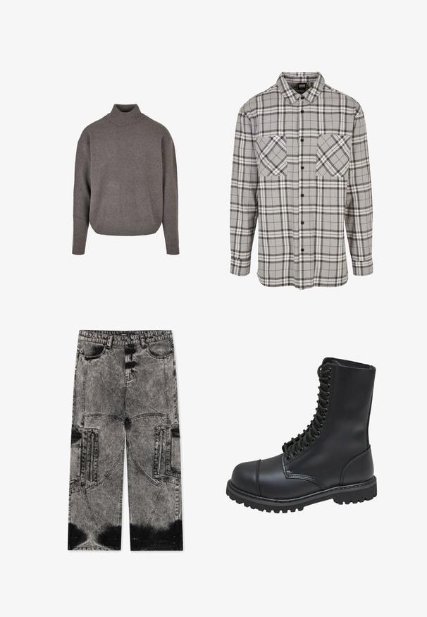 Sivý rolák vyrobený z mäkkej, textúrovanej pleteniny. Voľný strih, dlhé rukávy a rebrované manžety a lem.; Šedá károvaná košeľa s dlhým rukávom vyrobená z látky s gombíkovým zapínaním, obsahujúca dve náprsné vrecká a klasický golier.; FAVELA BIG POCKET - Džínsy široké - black acid washed; Čierne kožené bojové topánky s vysokým zvrškom, šnurovaním vpredu, polstrovaným golierom a robustnou štruktúrovanou podrážkou pre lepšie gripovanie. Obsahuje zosilnenú špičku.