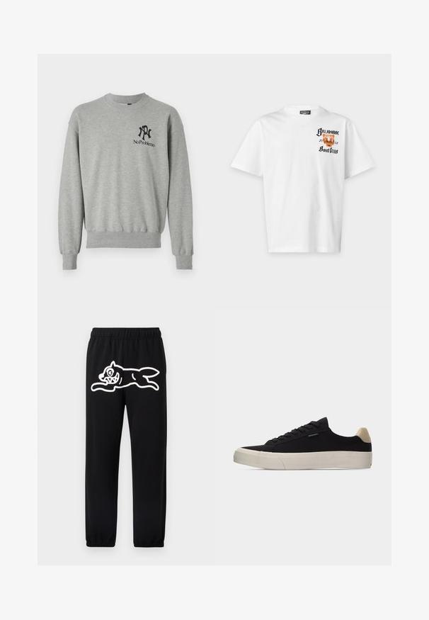 Grå sweatshirt med rund hals, ribbede manchetter og kant. Har sorte grafikker: et "R" og "No Problemo" på venstre brystområde.; Hvid t-shirt med korte ærmer med teksten "Billionaire Boys Club" og en orange tiger ansigt grafik på den øverste venstre bryst.; Sorte joggingbukser med elastisk taljebånd, prydet med et stort hvidt tegneseriemotiv af en springende skabning på venstre ben.; Sort lavsko med beige hælkappe, tyk hvid gummisål, sorte snørebånd og lille "PS Paul Smith" mærke på siden.
