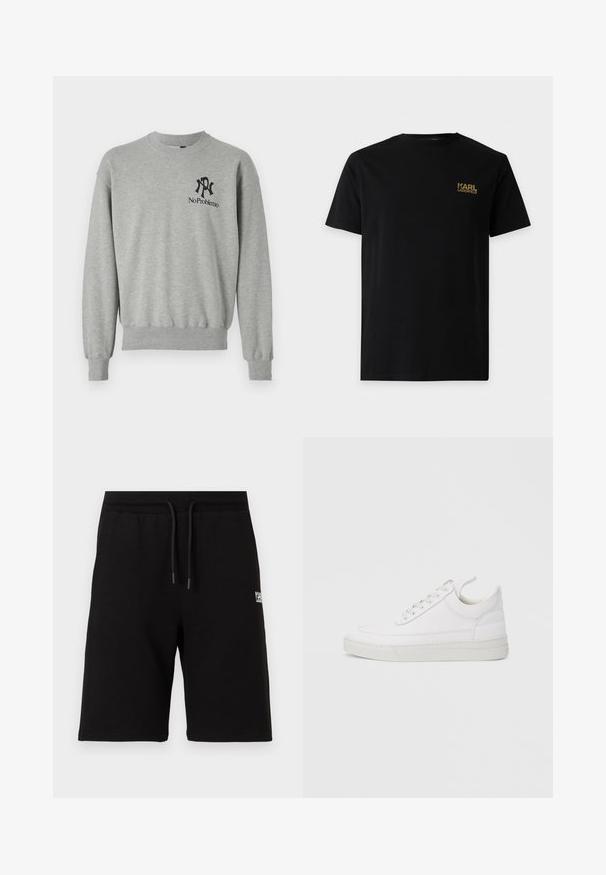 Sweatshirt gris à col ras du cou, avec des poignets et un ourlet côtelés. Présente des graphismes noirs : un "R" et "No Problemo" au niveau de la poitrine gauche.; T-shirt noir à manches courtes avec petit logo doré "KARL LAGERFELD" sur le haut gauche de la poitrine, fond uni.; Shorts noirs mi-cuisses avec ceinture élastique et cordon de serrage, arborant un petit logo blanc sur la cuisse droite.; Baskets en cuir blanc avec un embout arrondi, une semelle plate et un laçage à l'avant. Présentent des détails de couture et un col rembourré pour plus de confort.