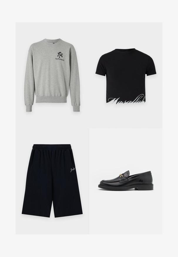 Grå sweatshirt med rund hals, ribbede manchetter og kant. Har sorte grafikker: et "R" og "No Problemo" på venstre brystområde.; Sort cropped T-shirt med kort ærme med ordet "Masallah" broderet i hvid skrift langs nederste kant.; Sorte knælange shorts med elastisk talje og lille hvid kursiv tekst på højre side.; Sorte læder loafers med en rund tå, der har guld hardware accent og syningsdetaljer, placeret på en lav, tekstureret gummisål.